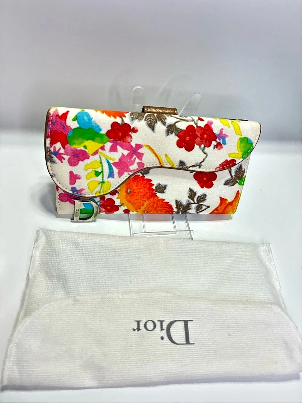Dior Calfskin Embroidered Romantic Flowers Saddle Compact Wallet
